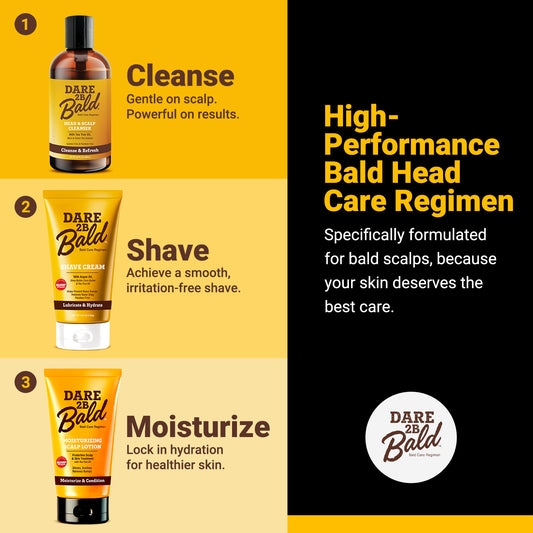 Dare 2B Bald scalp lotion, shave cream, and cleanser products with text on a yellow and black background. top image with text "Cleanse. Gentle on the scalp. Powerful on results." Middle image with text "Shave. Achieve a smooth, irritation-free shave." Bottom image with text "Moisturize. Lock in hydration for healthier skin." Text in black background reads "High-Performance Bald Head Care Regimen. Specifically formulated for bald scalps, because your skin deserves the best care."