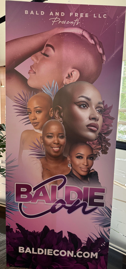 Baldie Con event poster with bald woman models