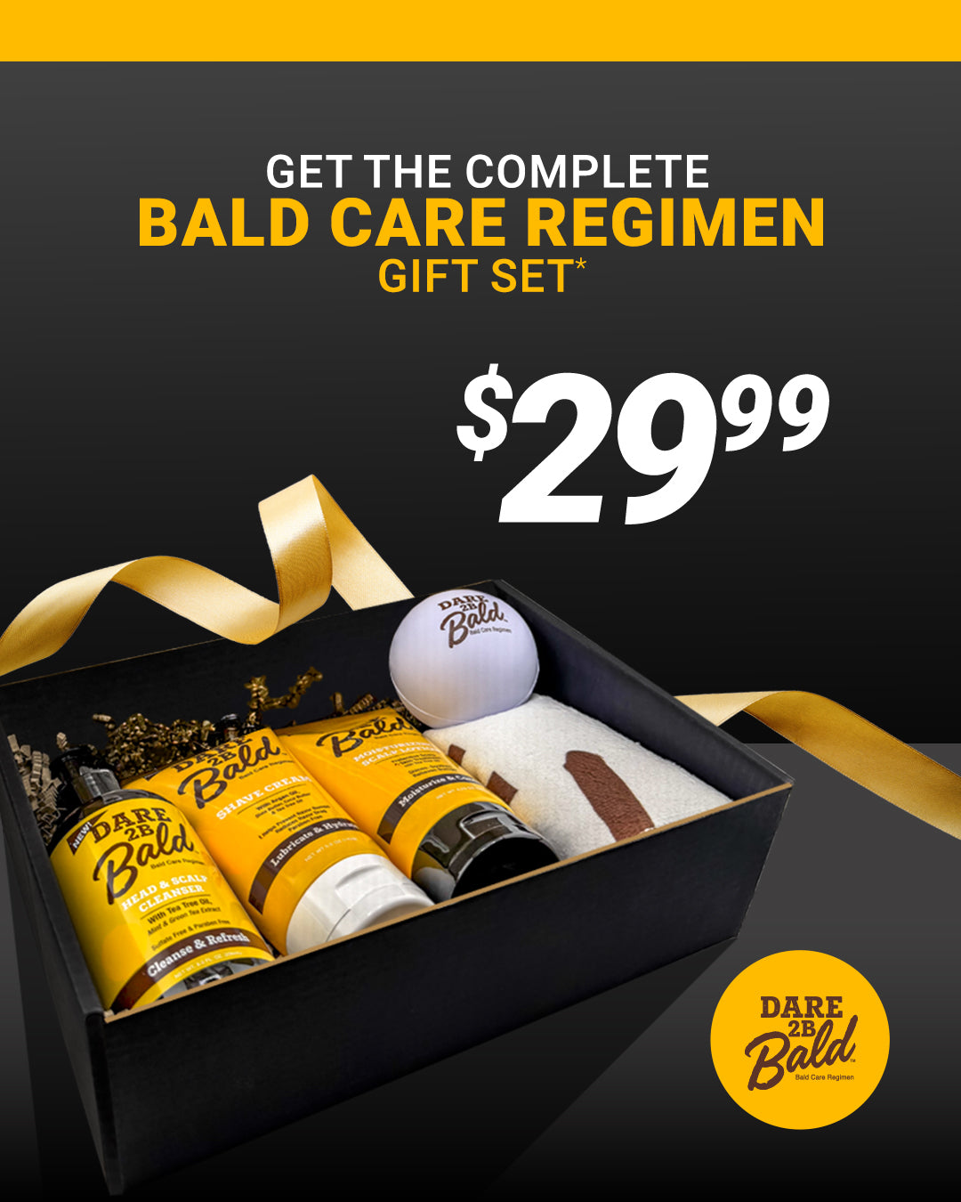 Gift set with 'Dare to be Bald' products in a black box on a dark background.