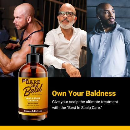 Bottle of 'Dare 2 Be Bald' scalp cleanser with three men in different settings, promoting baldness acceptance. The text reads "Own Your Baldness. Give your scalp the ultimate treatment with the Best in Scalp Care."