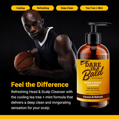 Man holding a basketball with a bottle of Dare 2B Bald head and scalp cleanser on a black background. The text reads "Feel the Difference. Refreshing Head & Scalp Cleanser with the cooling tea tree + mint formula that delivers a deep clean and invigorating sensation for your scalp."