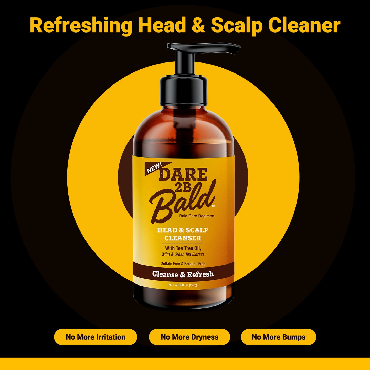 Dare 2B Bald head and scalp cleanser bottle on a yellow and black background. The text reads Refreshig Head & Scalp Cleanser.