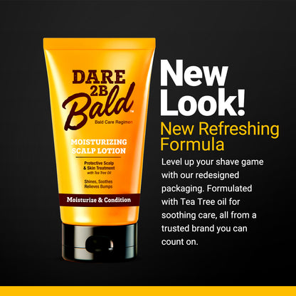 Dare 2B Bald moisturizing scalp lotion tube with promotional text on a black background. The text reads "New Look! New refreshing formula. Level up your shave game with our redesigned packaging. Formulated with Tea Tree Oil for soothing care, all from a trusted brand you can count on."