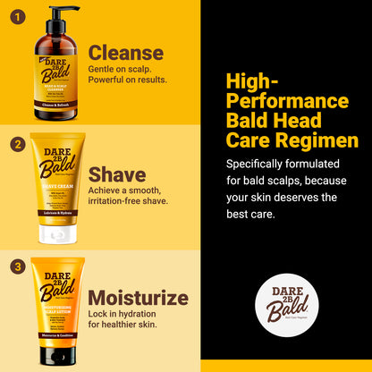 Dare 2B Bald scalp lotion, shave cream, and cleanser products with text on a yellow and black background. top image with text "Cleanse. Gentle on the scalp. Powerful on results." Middle image with text "Shave. Achieve a smooth, irritation-free shave." Bottom image with text "Moisturize. Lock in hydration for healthier skin." Text in black background reads "High-Performance Bald Head Care Regimen. Specifically formulated for bald scalps, because your skin deserves the best care."