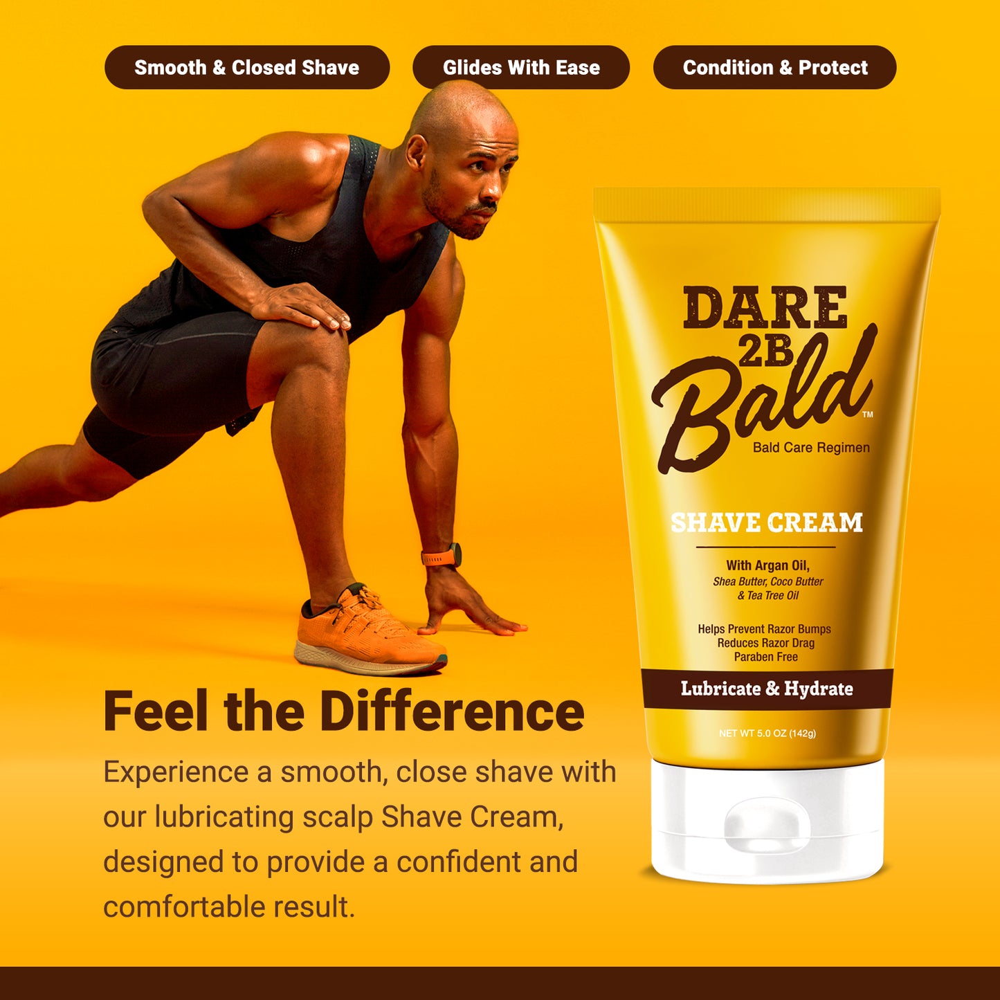 Dare 2B Bald shave cream tube with a man in athletic wear on an orange background. The text reads "Feel the difference. Experience a smooth, close shave with our lubricating scalp Shave Cream, designed to provide a confident and comfortable result."