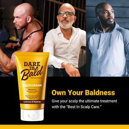 Dare 2B Bald shave cream tube with three men in different settings and text 'Own Your Baldness'. Give your scalp the ultimate treatment with the "Best in Scalp Care"
