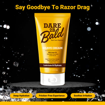 Dare 2B Bald shave cream tube with water droplets on a black background with the words "Say Goodbye to Razor Drag"