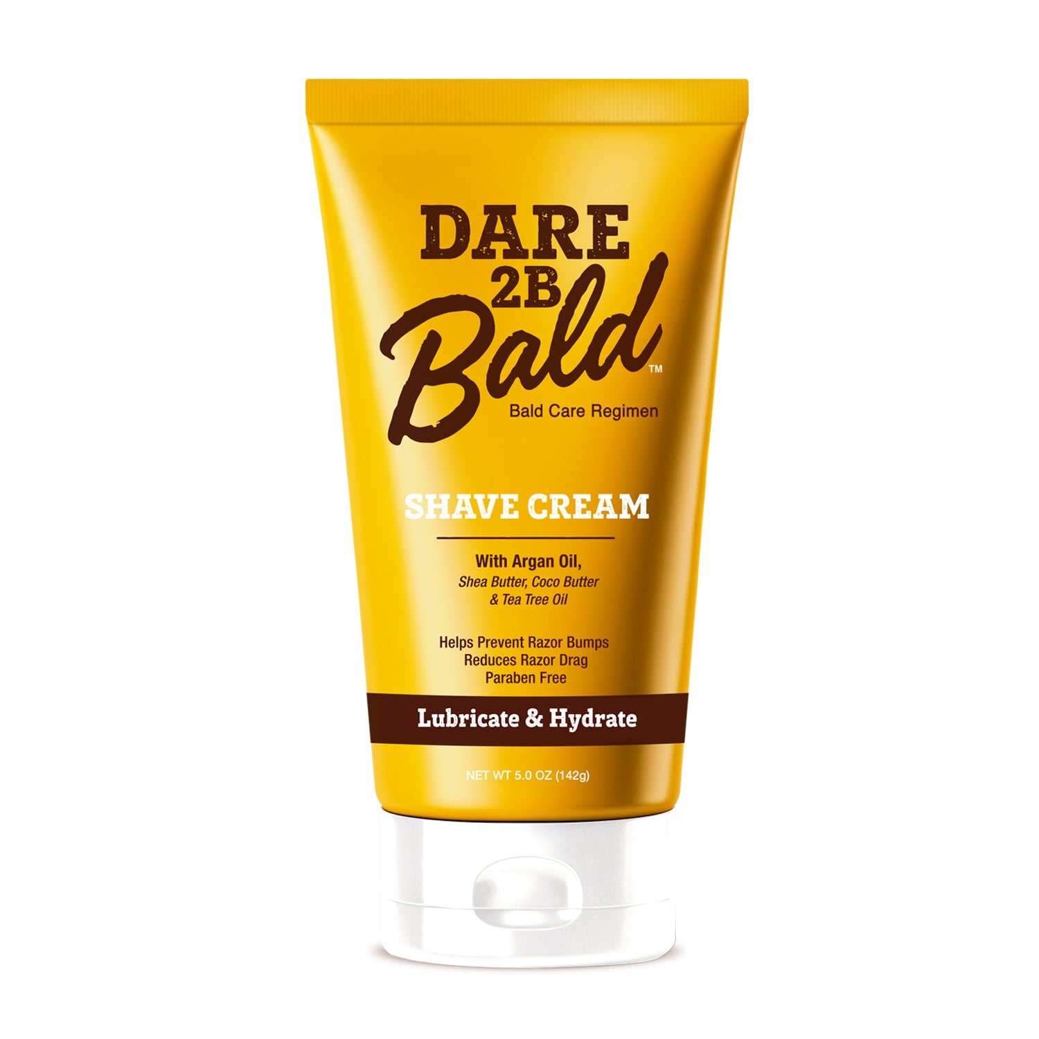 Yellow tube of Dare 2B Bald Shave Cream on a white background