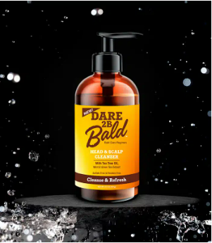 Dare 2B Bald head and scalp cleanser bottle with pump on a black background