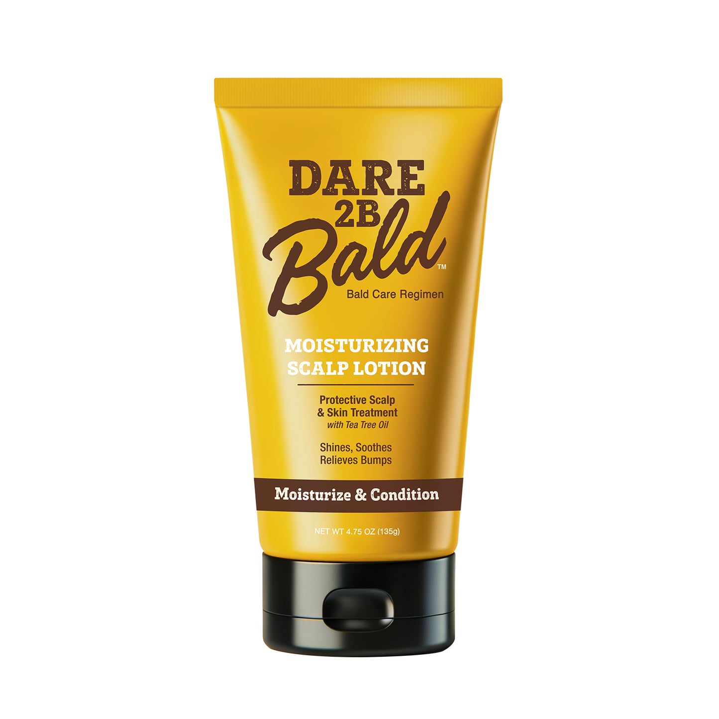 Yellow tube of Dare 2B Bald moisturizing scalp lotion on a white background