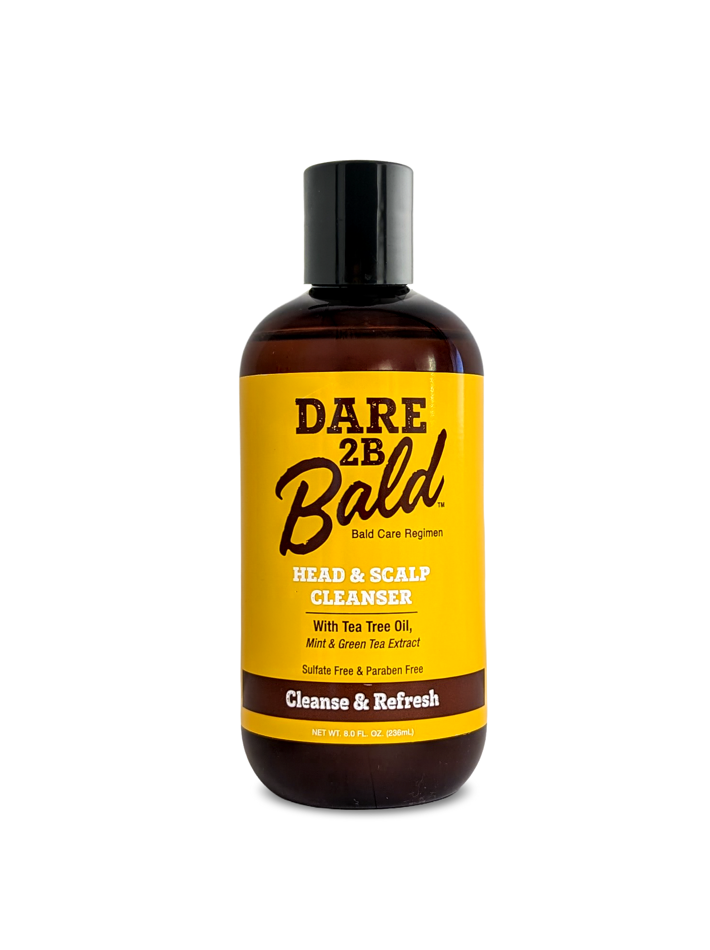 Dare 2B Bald head and scalp cleanser bottle with yellow label on a white background