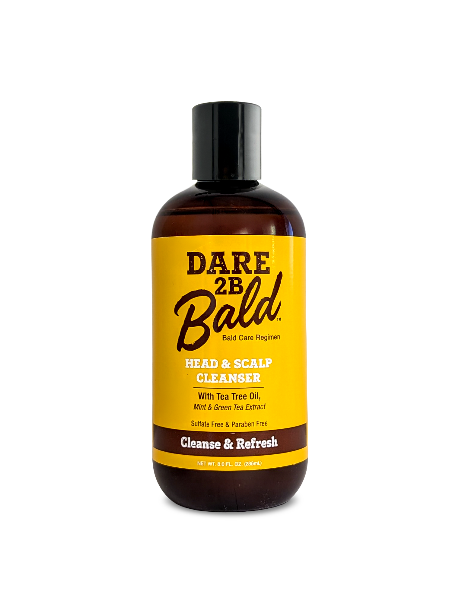 Dare 2B Bald head and scalp cleanser bottle with yellow label on a white background